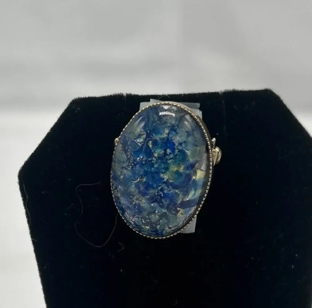 Blue Gold Foil Art Glass Cabochon Brooch Oval Faux Fire Opal Statement Pin Vtg